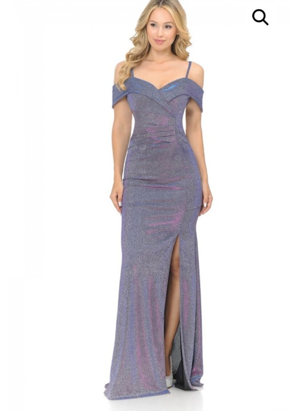 New Metallic Off Shoulder Slit Gown by Lenovia